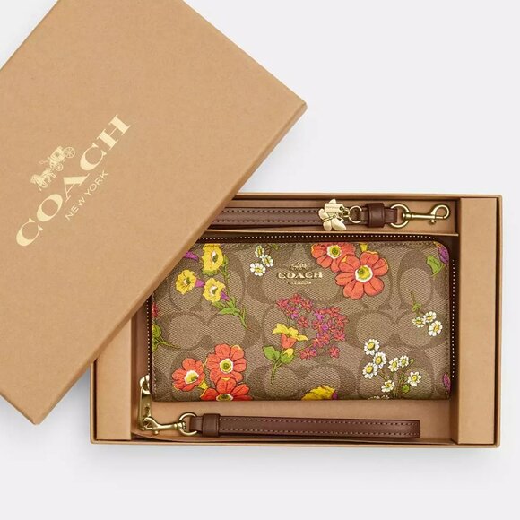 🌸 Coach Boxed Long Zip Around Wallet In Signature Canvas With Floral Print